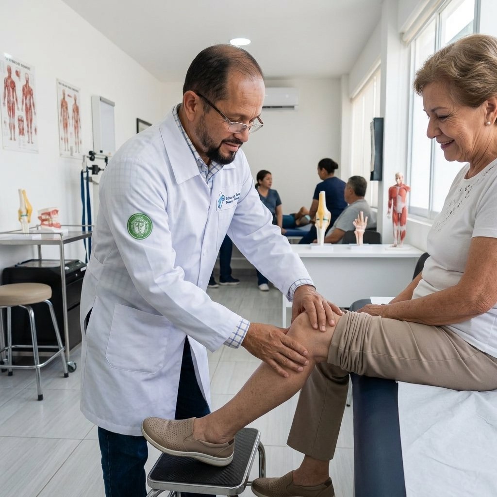 Dr. Romero examinando con dedicación la rodilla de un paciente en consulta