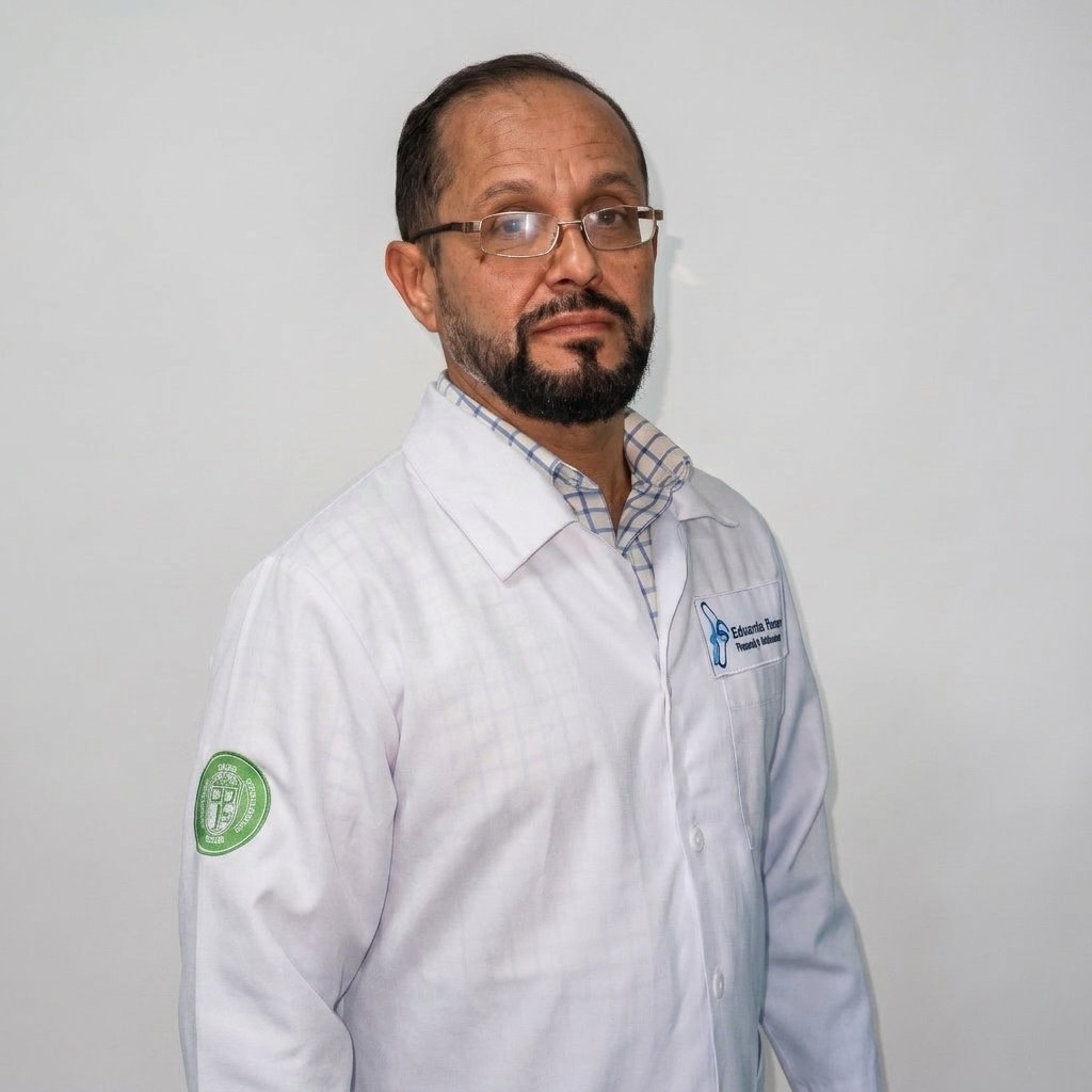 Dr. Eduardo Romero, ortopedista y traumatólogo, sonriendo con bata blanca